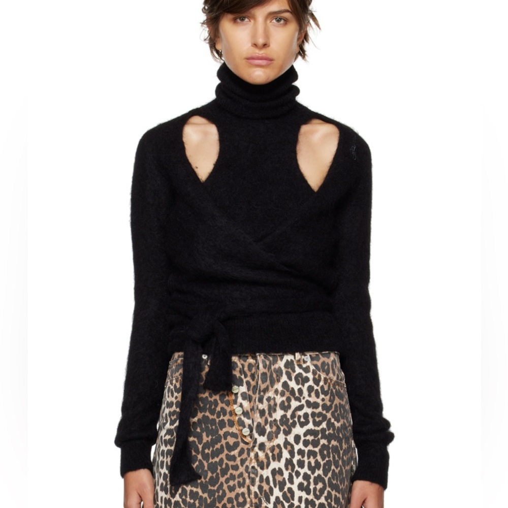 GANNI Alpaca Blend Black Cut out Turtleneck Wrap Sweater - Picture 2 of 11